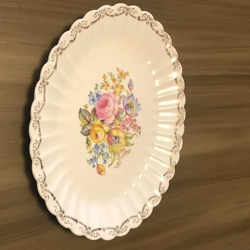 Cream Floral Scalloped Serving Platter